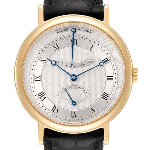 This image shows a front-facing view of the Breguet Classique 5207BA/12/9V6 Men's Yellow Gold Silver Dial 5207BA/12/9V6 Men's Yellow Gold Silver Dial watch, highlighting its gold case, blue hands, roman numerals, and textured dial.