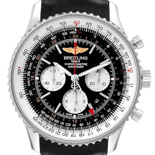 The image shows a front view of the Breitling Navitimer AB044121-BD24-442X-A20D.1 Men's Stainless Steel Black Dial AB044121-BD24-442X-A20D.1 Men's Stainless Steel Black Dial watch, displaying its dial, bezel, and chronograph subdials.