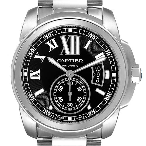 The image shows a front view of a Calibre de Cartier watch by Cartier, highlighting the dial, hands, and bezel.
