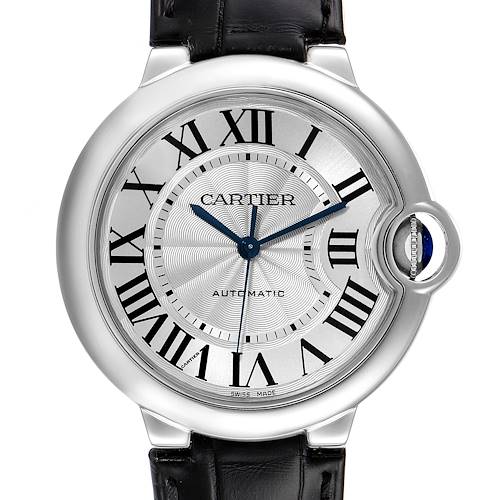 This image shows a frontal view of the Cartier Ballon Bleu W69017Z4 Men's Stainless Steel Silver Dial W69017Z4 Men's Stainless Steel Silver Dial watch, displaying its face, Roman numerals, and blue hands.