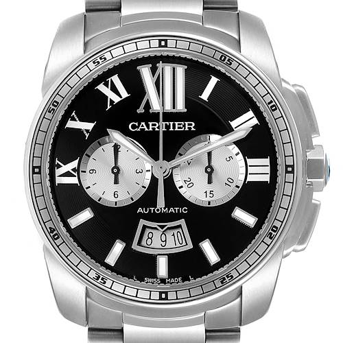 The image shows a front view of the Calibre de Cartier watch by Cartier, displaying its dial and chronograph features.