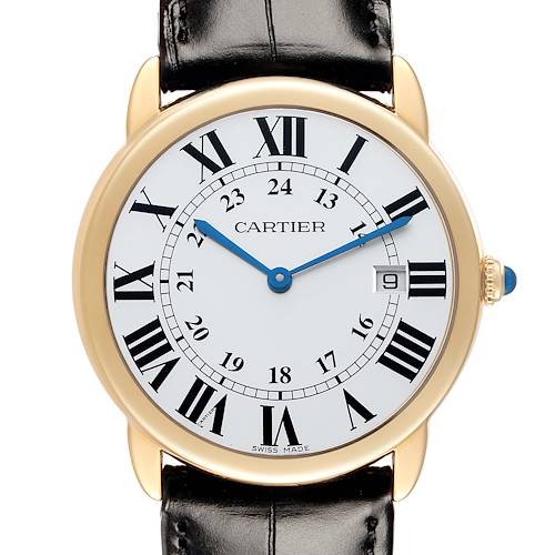 The Cartier Ronde W6700455 Men's Steel and Gold (two tone) Silver Dial watch is shown from the front, displaying its face, Roman numerals, date window, and leather strap.