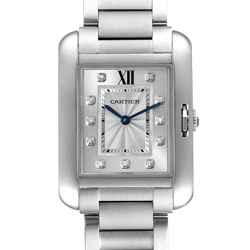 The image shows a front view of a Tank Anglaise model Cartier watch, including its face, bezel, and part of the bracelet.