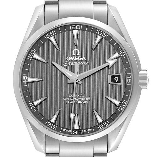 The Omega Aqua Terra 231.10.42.21.06.001 Men's Stainless Steel Grey Dial watch is shown from a front angle, displaying its face, bezel, and part of the bracelet.
