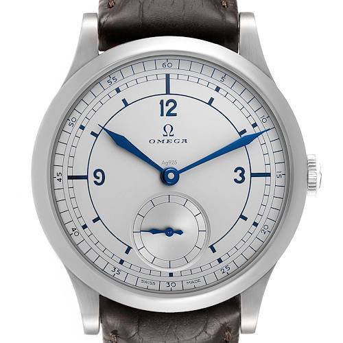 The Omega Museum 511.12.39.21.99.002 Men's Stainless Steel Grey Dial model watch is shown from the front, displaying its dial, hands, and part of the leather strap.