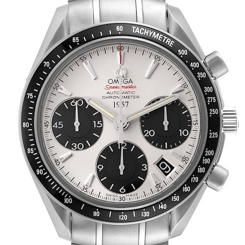 This image shows the front view of an Omega Speedmaster 323.30.40.40.02.001 Men's Stainless Steel White Dial 323.30.40.40.02.001 Men's Stainless Steel White Dial watch, featuring the dial, tachymeter bezel, and pushers.