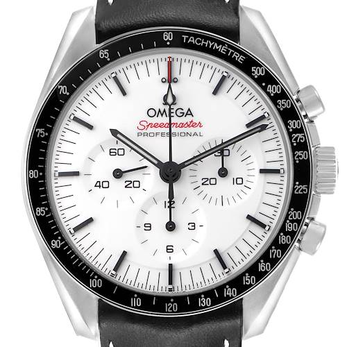 The Omega Speedmaster 310.32.42.50.04.002 Men's Stainless Steel White Dial watch is shown from the front, displaying the dial, subdials, bezel, and crown.