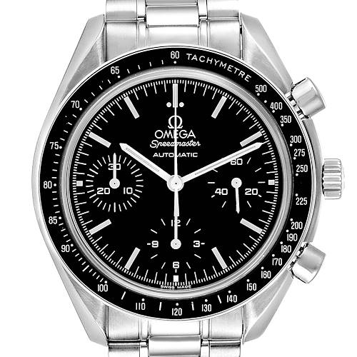 This image shows a front view of an Omega Speedmaster 3539.50.00 Men's Stainless Steel Black Dial 3539.50.00 Men's Stainless Steel Black Dial watch, highlighting the dial, bezel, hands, and case.