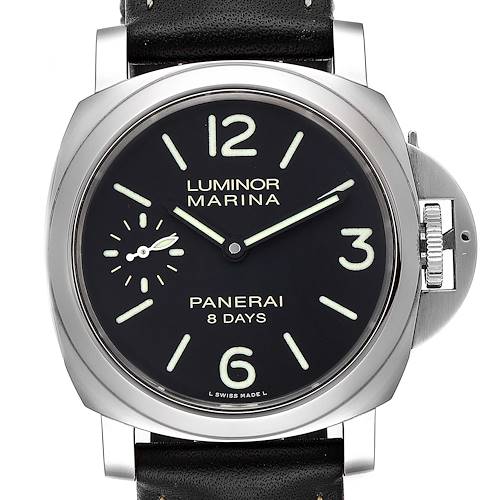 The image shows a front view of a Panerai Luminor PAM00510 Men's Stainless Steel Black Dial PAM00510 Men's Stainless Steel Black Dial Marina watch, highlighting its dial, bezel, case, and leather strap.