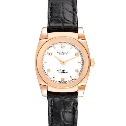 The image shows a frontal view of a Rolex Cellini 5310 Women's Rose Gold White Dial 5310 Women's Rose Gold White Dial watch with a gold case, white dial, and black leather strap.