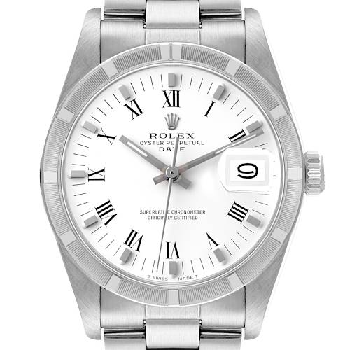 The image shows a front view of a Rolex Vintage Collection 15010 Men's Stainless Steel White Dial 15010 Men's Stainless Steel White Dial Oyster Perpetual Date watch, highlighting the dial, bezel, bracelet, and crown.