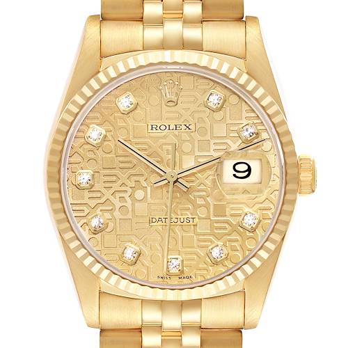 The Rolex Datejust 16238 Men's Yellow Gold Champagne Dial watch is shown from a direct front angle, displaying its dial, hands, markers, cyclops lens, and part of the bracelet.