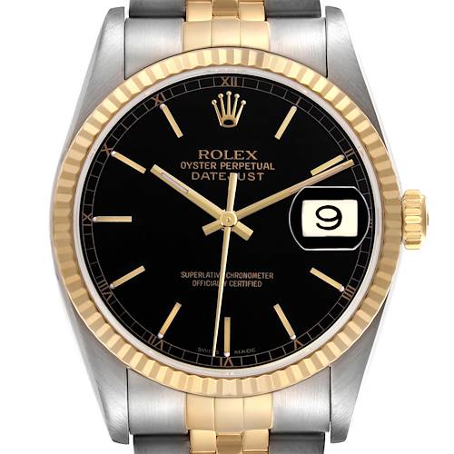The Rolex Datejust 16233 Men's Steel and Gold (two tone) Black Dial watch is shown from a front angle, highlighting the dial, bezel, crown, and a portion of the bracelet.