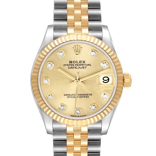 The Rolex Datejust 278273 Men's Stainless Steel Champagne Dial watch is shown from the front, displaying the dial, bezel, crown, and bracelet.