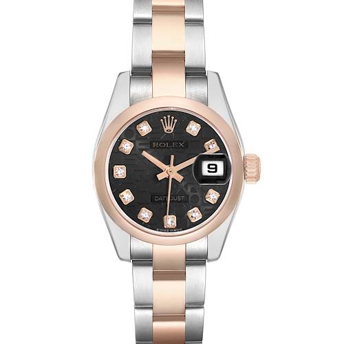 The Rolex Datejust 179161 Women's Steel and Gold (two tone) Black Dial watch is shown from the front, highlighting its dial, bezel, crown, and two-tone bracelet.