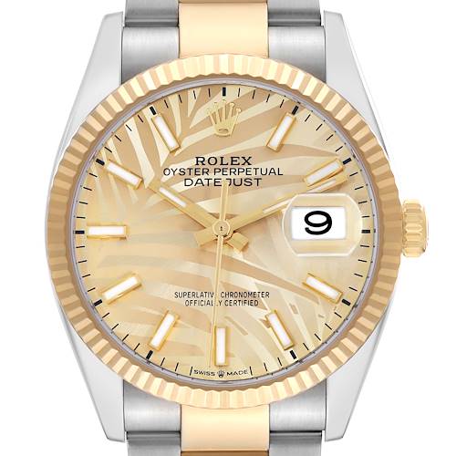 The Rolex Datejust 126233 Men's Steel and Gold (two tone) Yellow Dial watch is shown from a front angle, highlighting its dial, fluted bezel, and date window.