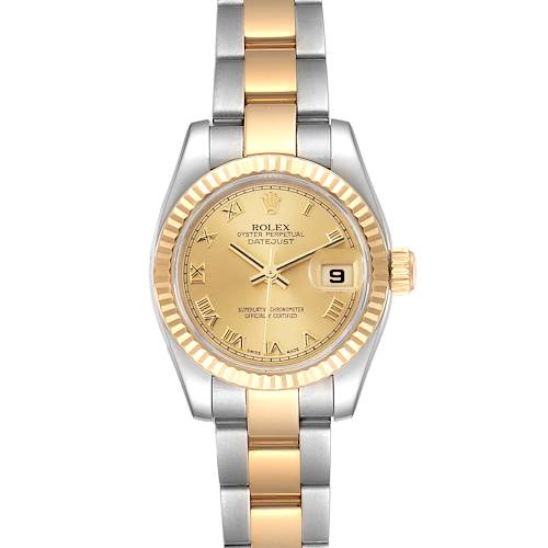 The image shows a Rolex Datejust 179173 Women's Steel and Gold (two tone) Champagne Dial 179173 Women's Steel and Gold (two tone) Champagne Dial watch from a front angle, displaying its face, bezel, crown, and bracelet.