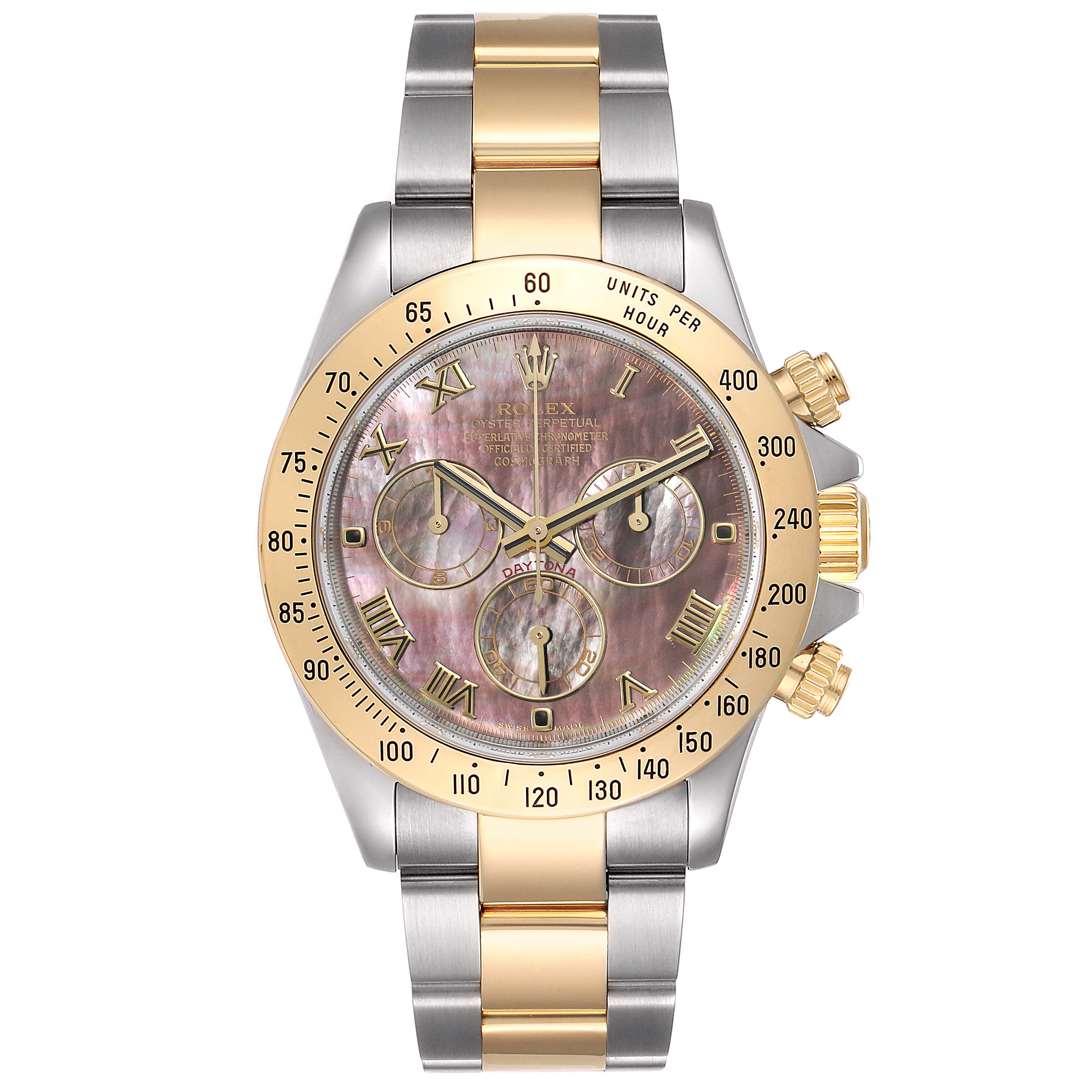 This image shows a frontal view of a Rolex Daytona 116523 Men's Steel and Gold (two tone) Mother of Pearl Dial 116523 Men's Steel and Gold (two tone) Mother of Pearl Dial watch, highlighting the dial, bezel, and bracelet.