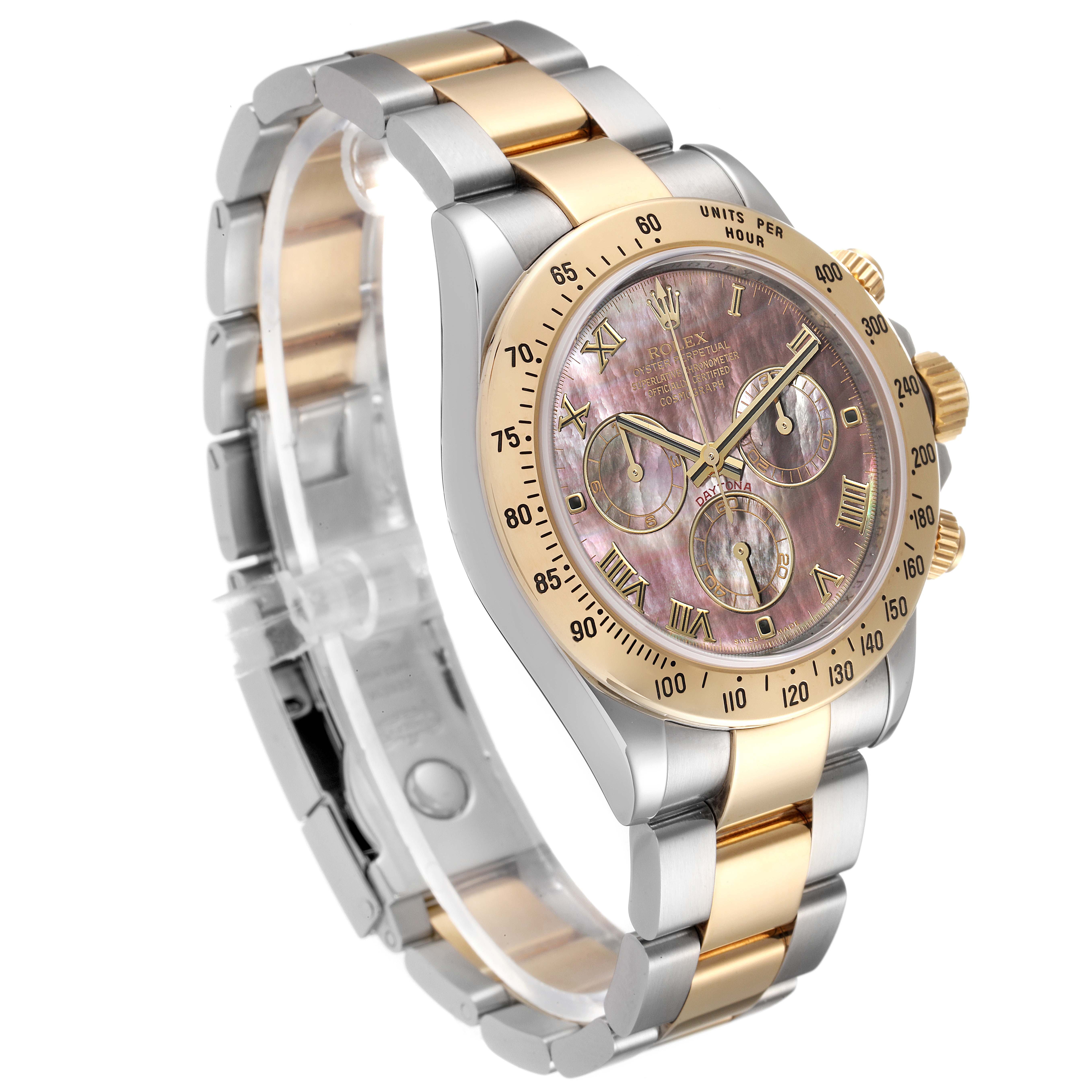 The Rolex Daytona 116523 Men's Steel and Gold (two tone) Mother of Pearl Dial 116523 Men's Steel and Gold (two tone) Mother of Pearl Dial watch is shown at an angle highlighting its gold and silver metal bracelet, bezel, and dial with three subdials.
