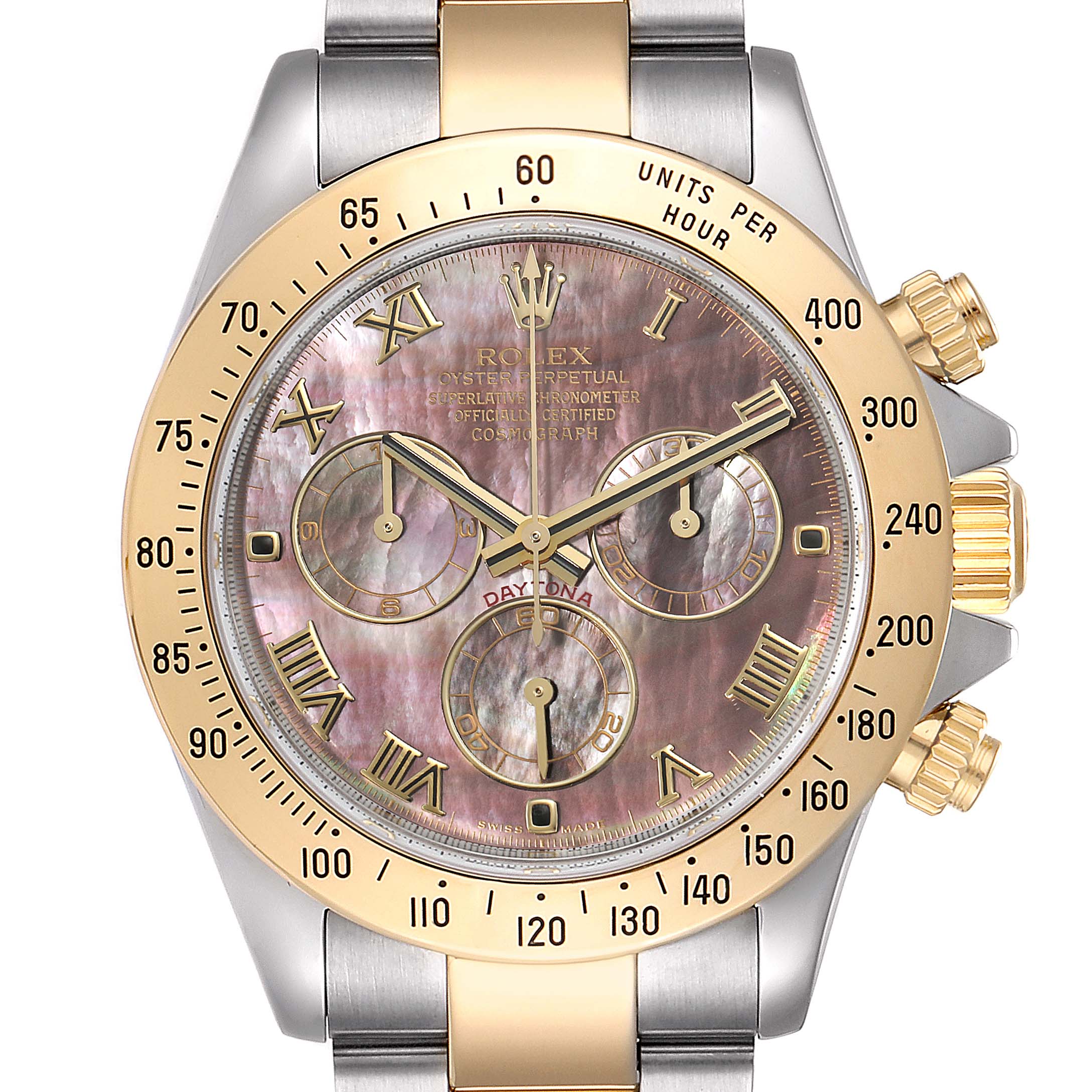 This image shows a frontal view of a Rolex Daytona 116523 Men's Steel and Gold (two tone) Mother of Pearl Dial 116523 Men's Steel and Gold (two tone) Mother of Pearl Dial watch, highlighting its bezel, dial, and chronograph subdials.