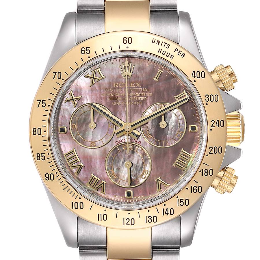 This image shows a frontal view of a Rolex Daytona 116523 Men's Steel and Gold (two tone) Mother of Pearl Dial 116523 Men's Steel and Gold (two tone) Mother of Pearl Dial watch, highlighting its bezel, dial, and chronograph subdials.