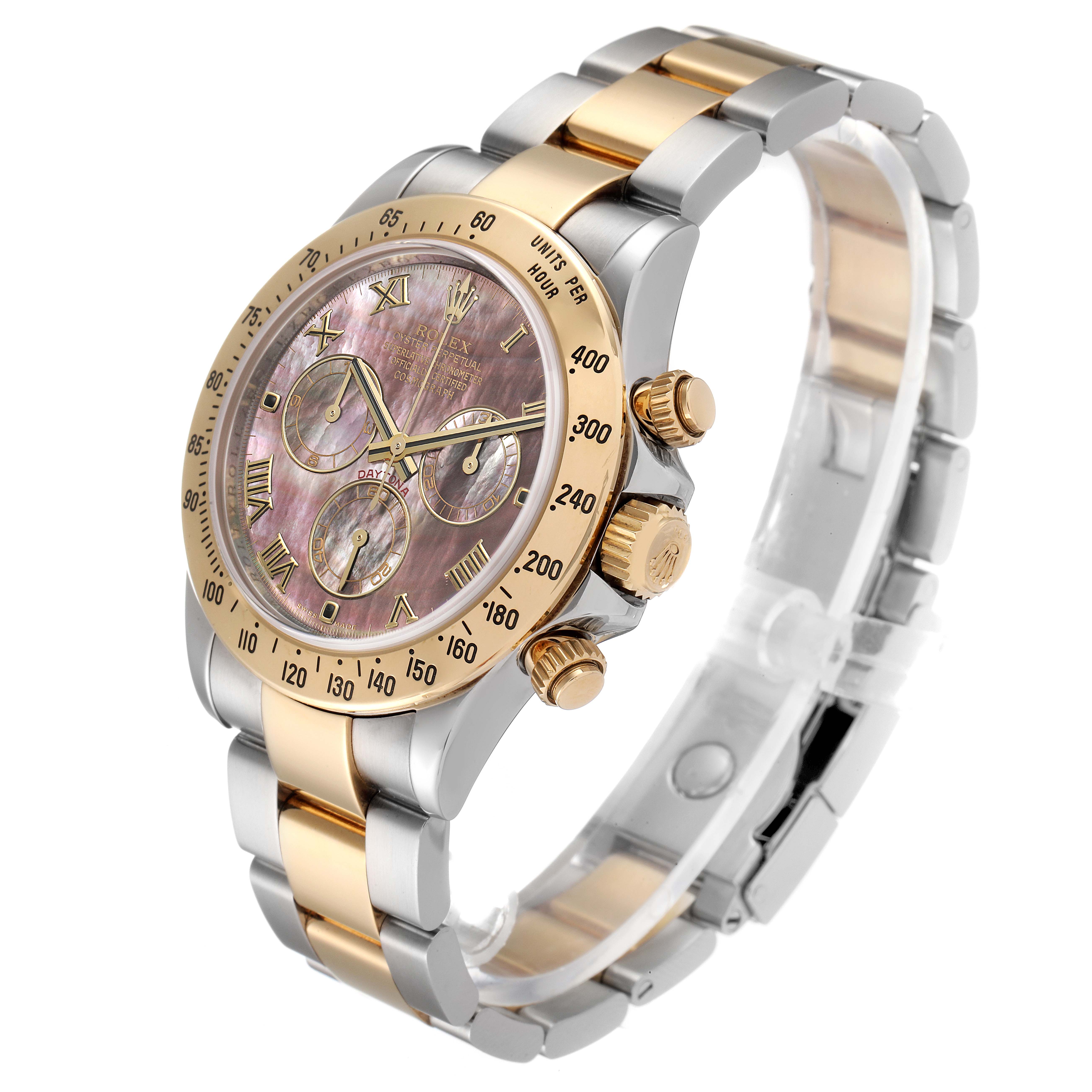 The Rolex Daytona 116523 Men's Steel and Gold (two tone) Mother of Pearl Dial 116523 Men's Steel and Gold (two tone) Mother of Pearl Dial watch is shown from a three-quarter angle, displaying the dial, bezel, crown, pushers, and bracelet.