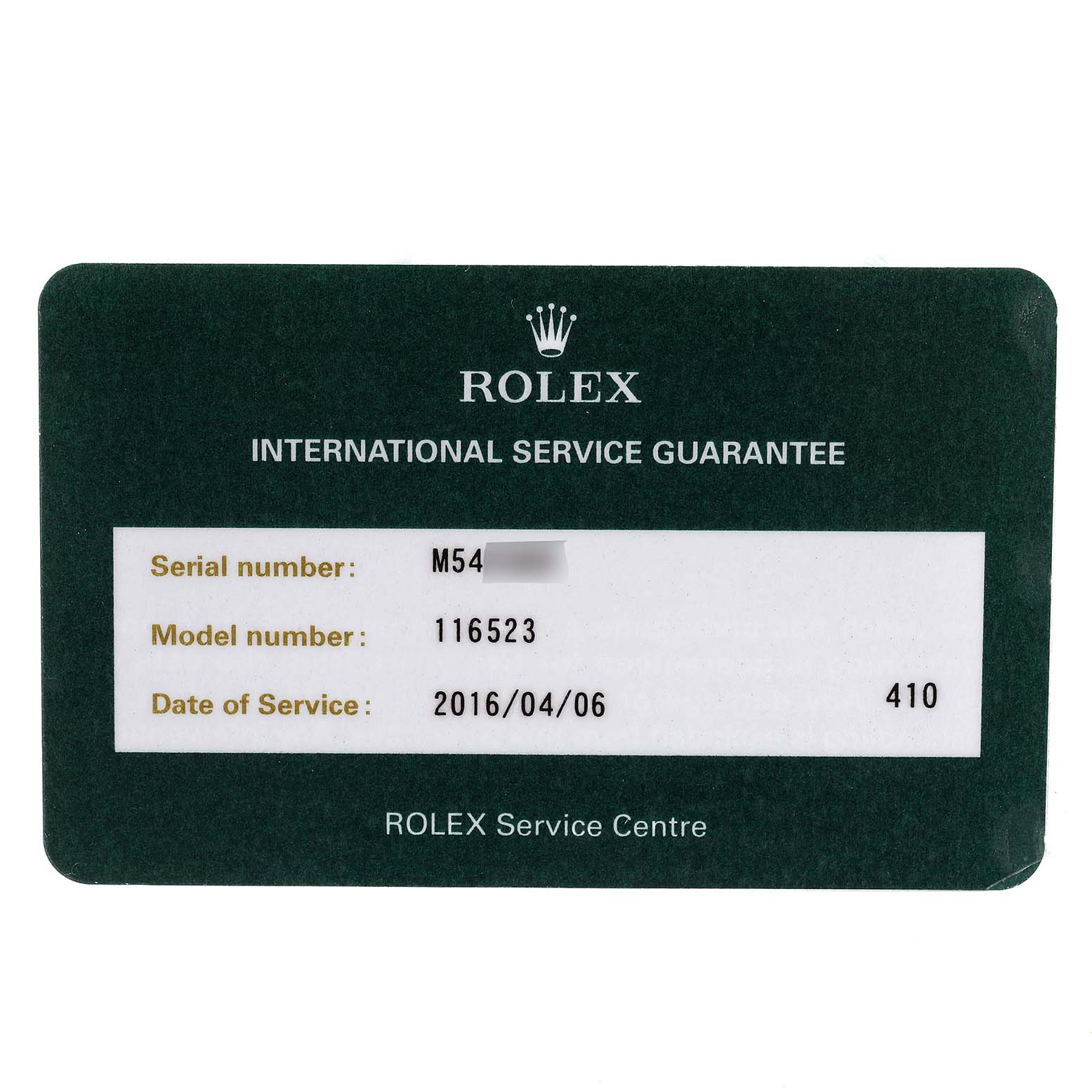This is an international service guarantee card for a Rolex Daytona 116523 Men's Steel and Gold (two tone) Mother of Pearl Dial 116523 Men's Steel and Gold (two tone) Mother of Pearl Dial model watch, displaying model number 116523 and service details.