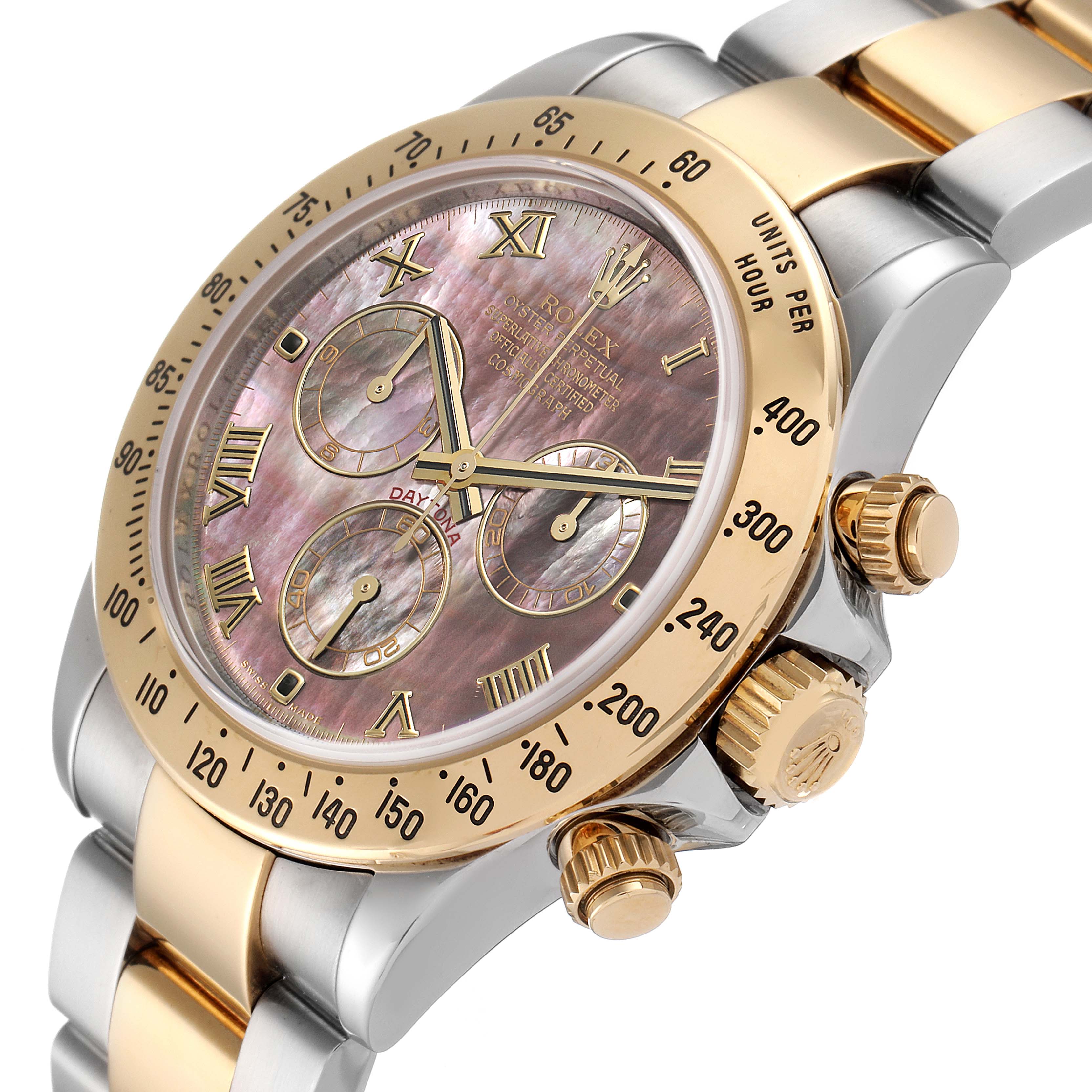 The image shows a side and frontal angle of a Rolex Daytona 116523 Men's Steel and Gold (two tone) Mother of Pearl Dial 116523 Men's Steel and Gold (two tone) Mother of Pearl Dial watch, highlighting its dial, bezel, and two-tone bracelet.