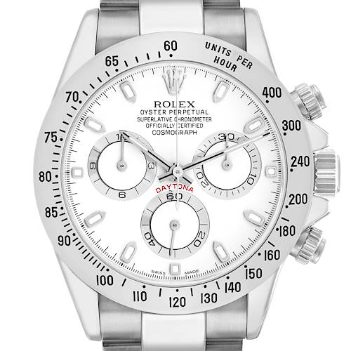 The Rolex Daytona 116520 Men's Stainless Steel White Dial watch is shown from a front angle, highlighting the dial, bezel, and crown.