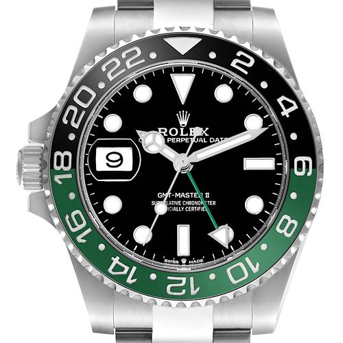 The Rolex GMT-Master 126720 Men's Stainless Steel Black Dial watch is shown from the front, highlighting its face, bezel, and crown.