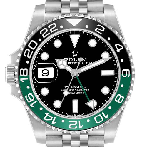 The image shows a front view of the Rolex GMT-Master 126720 Men's Stainless Steel Black Dial II, highlighting the bezel, dial, and bracelet.