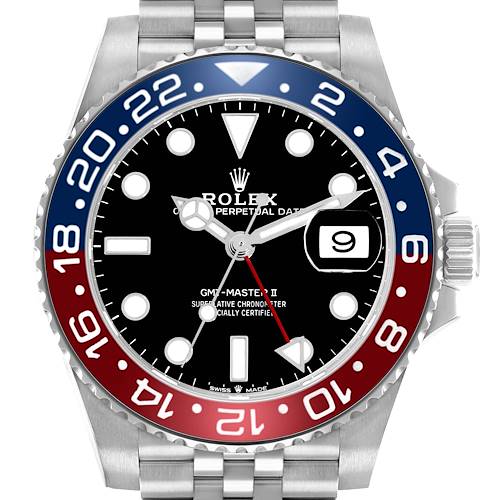 The Rolex GMT-Master 126710 Men's Stainless Steel Black Dial watch is shown from a front angle, focusing on the bezel, dial, hands, and date window.
