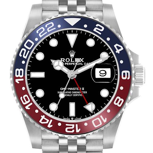 The Rolex GMT-Master 126710 Men's Stainless Steel Black Dial model is shown from a front angle, displaying the bezel, dial, hands, and date window.