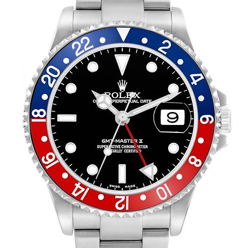 The Rolex GMT-Master 16710 Men's Stainless Steel Black Dial II watch is shown from the front, highlighting the bezel, dial, hands, and date window.