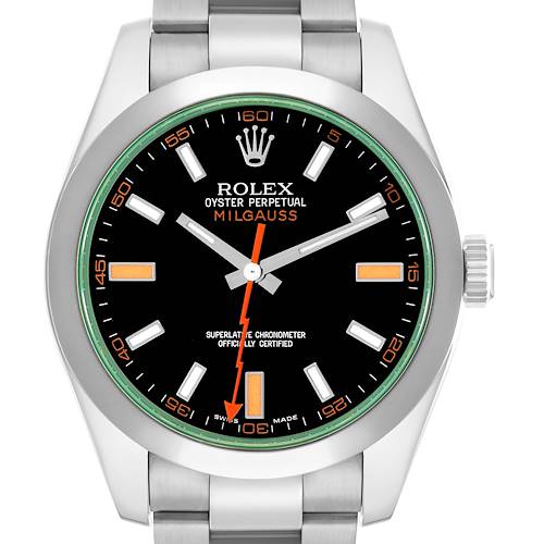 The Rolex Milgauss 116400 Men's Stainless Steel Black Dial watch is shown from a frontal angle, highlighting the dial, hands, bezel, and part of the bracelet.