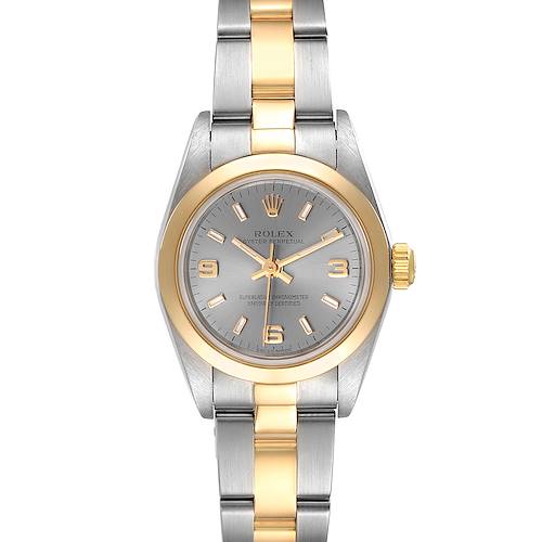 The image shows a Rolex Oyster Perpetual 76183 Women's Steel and Gold (two tone) Grey Dial 76183 Women's Steel and Gold (two tone) Grey Dial watch from a front view, displaying its two-tone bracelet, dial, and crown.