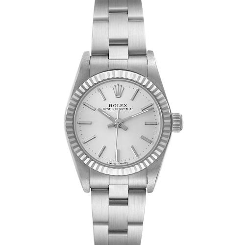 The image shows a front view of the Rolex Oyster Perpetual 76094 Women's Stainless Steel Silver Dial 76094 Women's Stainless Steel Silver Dial watch, highlighting its dial, bezel, and bracelet.