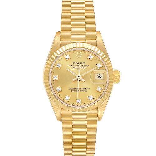 The Rolex President 69178 Women's Yellow Gold Champagne Dial model watch is shown from the front, highlighting its gold bracelet, diamond hour markers, and date window.