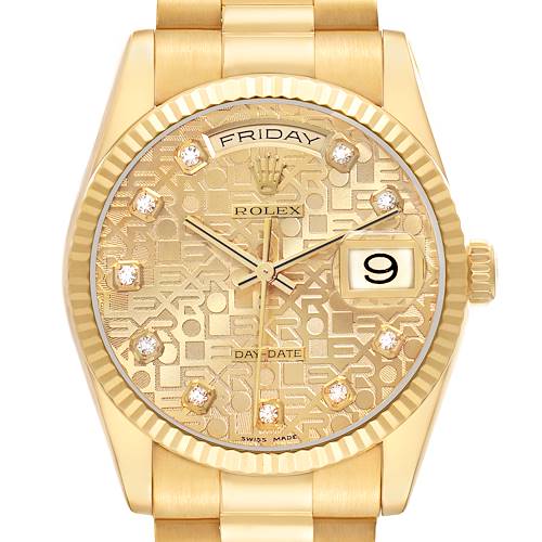 The Rolex President 118238 Men's Yellow Gold Champagne Dial model is shown from the front, highlighting the dial, hands, date, day windows, and part of the bracelet.