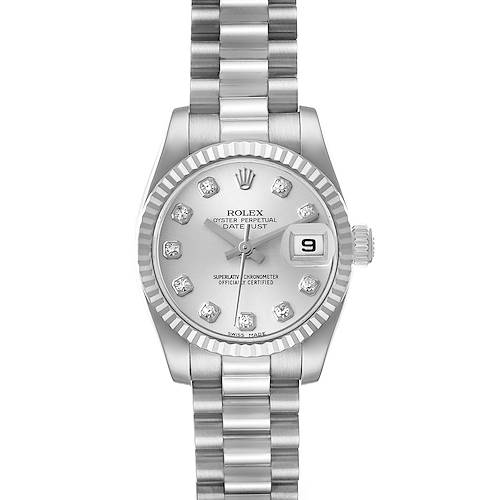 This image shows the front view of a Rolex President 179179 Women's White Gold Silver Dial 179179 Women's White Gold Silver Dial model watch, displaying the face, bezel, and part of the bracelet.