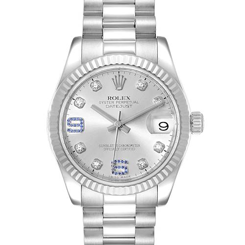 This image shows a frontal view of the Rolex President 178279 Women's White Gold Silver Dial 178279 Women's White Gold Silver Dial Datejust watch, revealing its face, bezel, and bracelet.