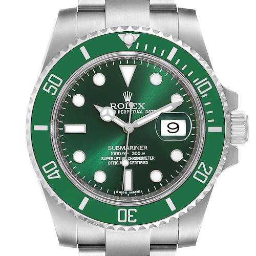 This image shows a front view of a Rolex Submariner 116610LV Men's Stainless Steel Green Dial 116610LV Men's Stainless Steel Green Dial watch, highlighting the dial, bezel, crown, and bracelet.