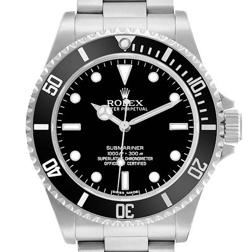The Rolex Submariner 14060 Men's Stainless Steel Black Dial watch is shown from a front angle, highlighting the dial, bezel, and bracelet.