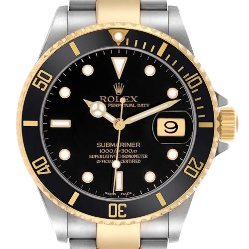 The Rolex Submariner 16613 Men's Steel and Gold (two tone) Black Dial watch is shown from the front, displaying the bezel, dial, hands, and date window clearly.
