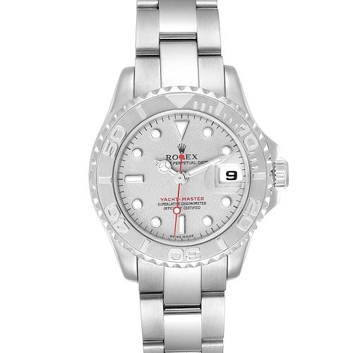 The image shows a front view of a Rolex Yacht-Master 169622 Women's Stainless Steel Silver Dial 169622 Women's Stainless Steel Silver Dial watch, displaying the dial, bezel, bracelet, and date window.