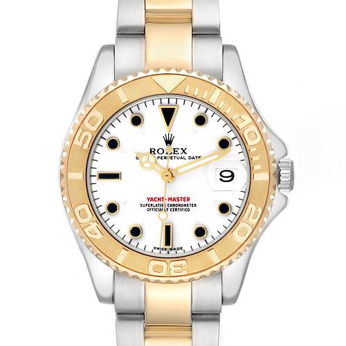 The Rolex Yacht-Master 168623 Men's Steel and Gold (two tone) White Dial watch is shown from the front, highlighting the dial, bezel, and bracelet.