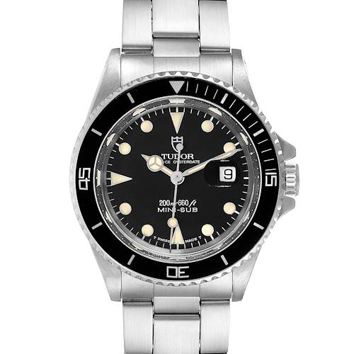 This image shows a front view of the Tudor Prince 73090 Women's Stainless Steel Black Dial 73090 Women's Stainless Steel Black Dial Mini-Sub watch, displaying its face, bezel, and bracelet.