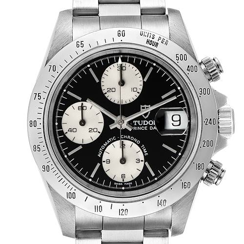 The Tudor Prince 79280 Men's Stainless Steel Black Dial 79280 Men's Stainless Steel Black Dial model watch is shown from a front angle, displaying the bezel, dial, sub-dials, and crown.