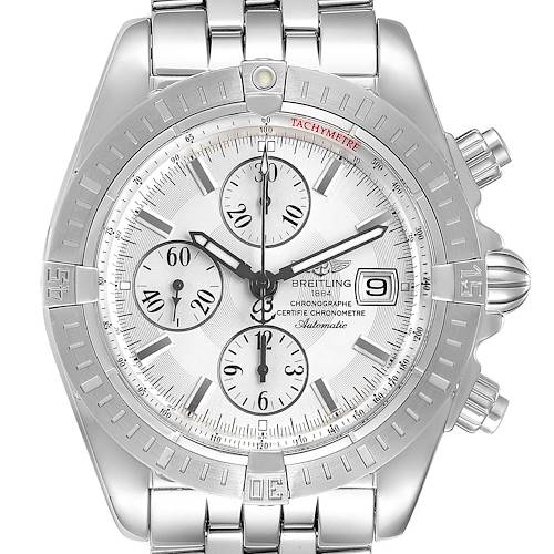 The Breitling Chronomat A13356 Men's Stainless Steel Silver Dial A13356 Men's Stainless Steel Silver Dial watch is shown from a front angle, displaying the bezel, dial, subdials, crown, and part of the bracelet.