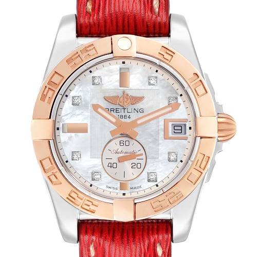 The Breitling Galactic C37330 Men's Steel and Gold (two tone) Mother of Pearl Dial watch is shown from a frontal angle, highlighting the dial, bezel, and crown.